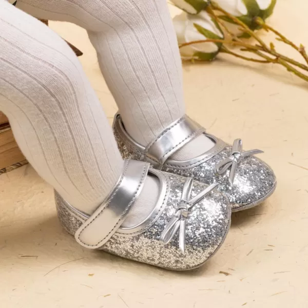 Meckior Infant Baby Girls Soft Sole Bowknot Princess Wedding Dress Mary Jane Flats Prewalker Newborn Light Baby Sneaker ShoesA20Silver