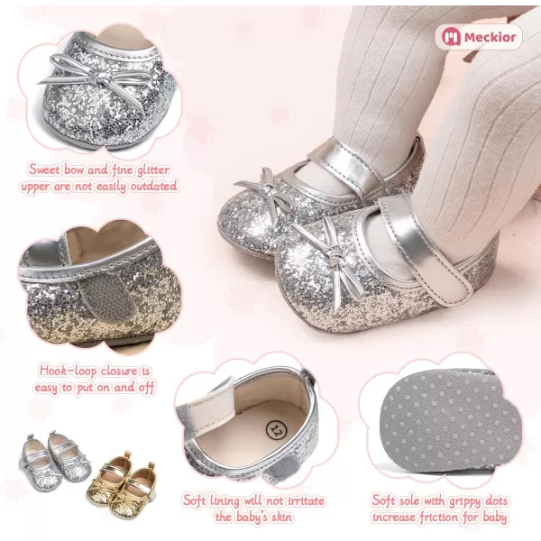 Meckior Infant Baby Girls Soft Sole Bowknot Princess Wedding Dress Mary Jane Flats Prewalker Newborn Light Baby Sneaker ShoesA20Silver