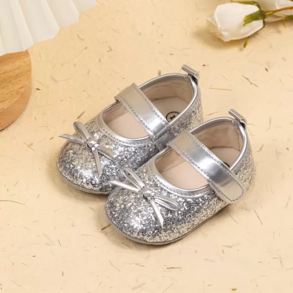 Meckior Infant Baby Girls Soft Sole Bowknot Princess Wedding Dress Mary Jane Flats Prewalker Newborn Light Baby Sneaker ShoesA20Silver