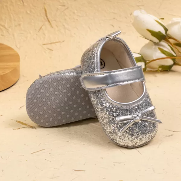 Meckior Infant Baby Girls Soft Sole Bowknot Princess Wedding Dress Mary Jane Flats Prewalker Newborn Light Baby Sneaker ShoesA20Silver