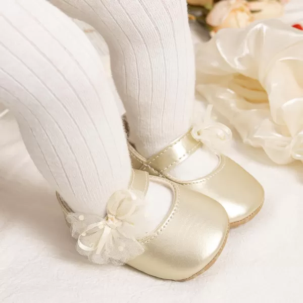 Meckior Infant Baby Girls Soft Sole Bowknot Princess Wedding Dress Mary Jane Flats Prewalker Newborn Light Baby Sneaker ShoesB02Gold