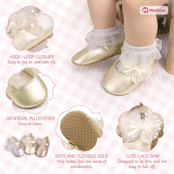 Meckior Infant Baby Girls Soft Sole Bowknot Princess Wedding Dress Mary Jane Flats Prewalker Newborn Light Baby Sneaker ShoesB02Gold