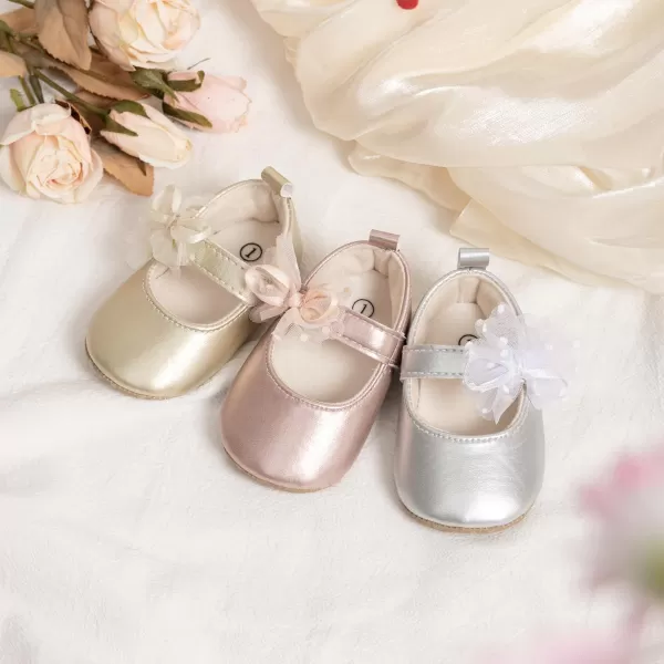 Meckior Infant Baby Girls Soft Sole Bowknot Princess Wedding Dress Mary Jane Flats Prewalker Newborn Light Baby Sneaker ShoesB02Gold