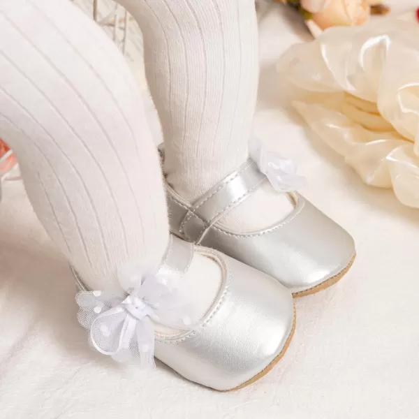 Meckior Infant Baby Girls Soft Sole Bowknot Princess Wedding Dress Mary Jane Flats Prewalker Newborn Light Baby Sneaker ShoesB02Silver
