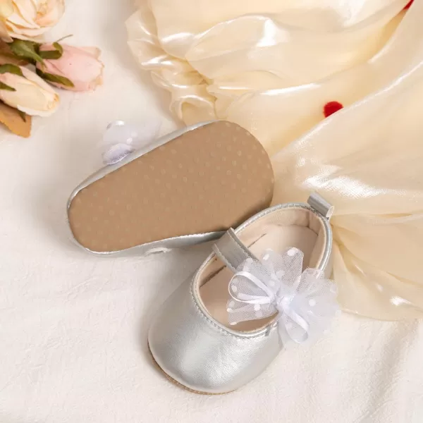 Meckior Infant Baby Girls Soft Sole Bowknot Princess Wedding Dress Mary Jane Flats Prewalker Newborn Light Baby Sneaker ShoesB02Silver