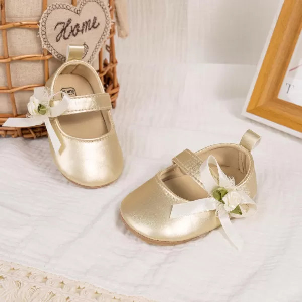 Meckior Infant Baby Girls Soft Sole Bowknot Princess Wedding Dress Mary Jane Flats Prewalker Newborn Light Baby Sneaker ShoesB04Gold