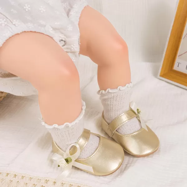 Meckior Infant Baby Girls Soft Sole Bowknot Princess Wedding Dress Mary Jane Flats Prewalker Newborn Light Baby Sneaker ShoesB04Gold