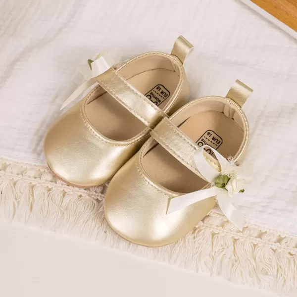 Meckior Infant Baby Girls Soft Sole Bowknot Princess Wedding Dress Mary Jane Flats Prewalker Newborn Light Baby Sneaker ShoesB04Gold