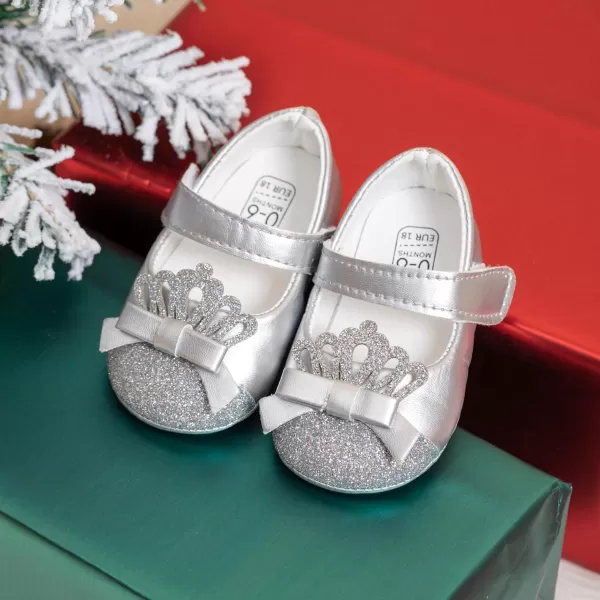 Meckior Infant Baby Girls Soft Sole Bowknot Princess Wedding Dress Mary Jane Flats Prewalker Newborn Light Baby Sneaker ShoesE01Silver