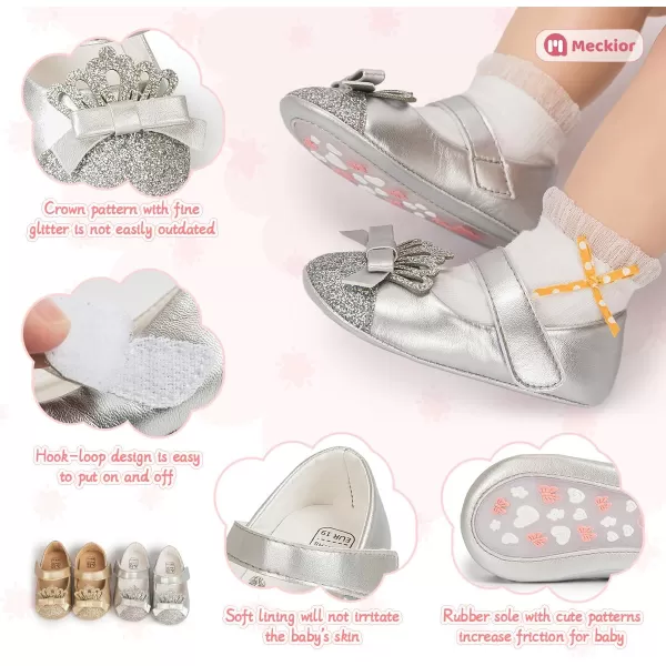 Meckior Infant Baby Girls Soft Sole Bowknot Princess Wedding Dress Mary Jane Flats Prewalker Newborn Light Baby Sneaker ShoesE01Silver
