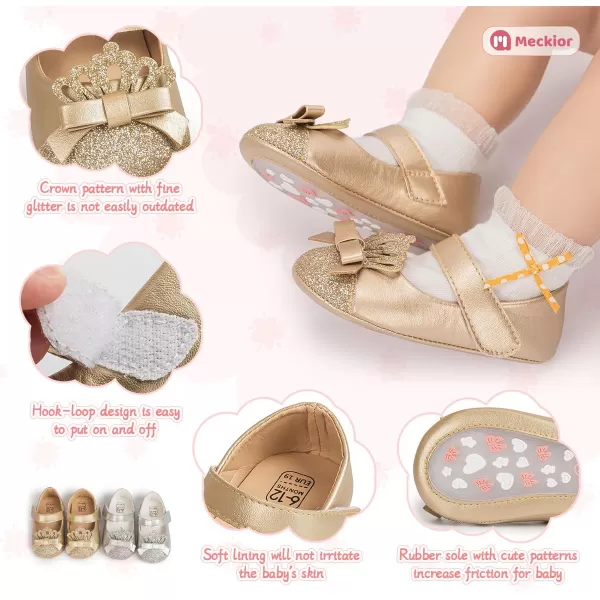 Meckior Infant Baby Girls Soft Sole Bowknot Princess Wedding Dress Mary Jane Flats Prewalker Newborn Light Baby Sneaker ShoesE02Gold