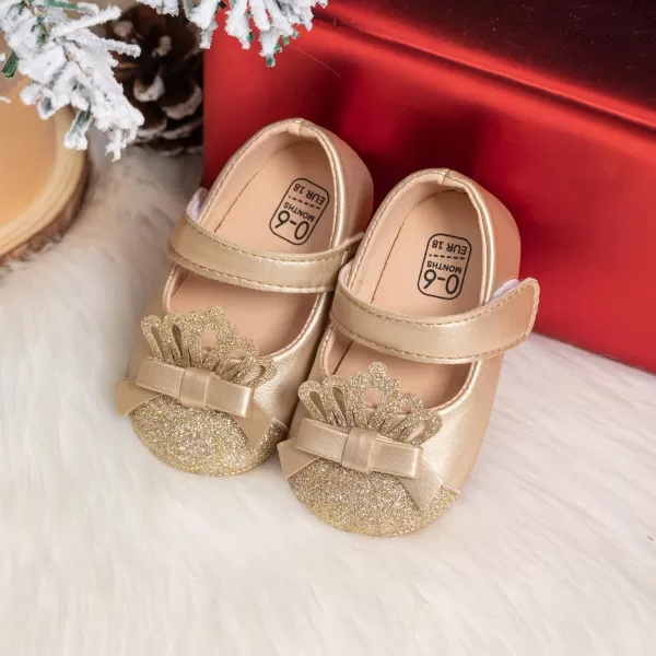 Meckior Infant Baby Girls Soft Sole Bowknot Princess Wedding Dress Mary Jane Flats Prewalker Newborn Light Baby Sneaker ShoesE02Gold