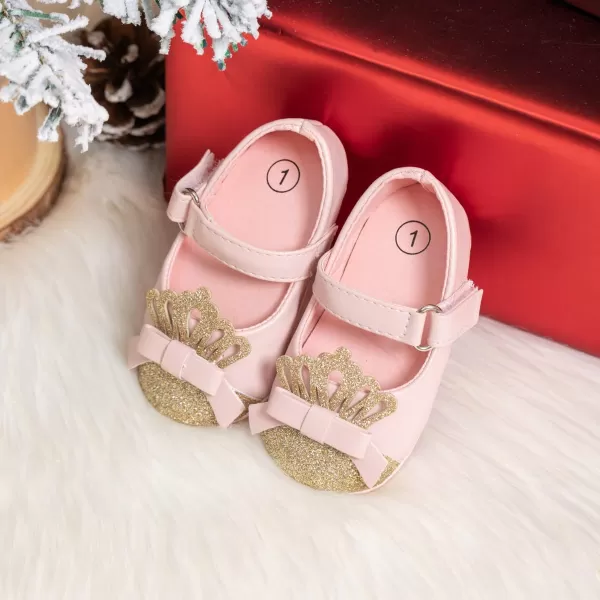 Meckior Infant Baby Girls Soft Sole Bowknot Princess Wedding Dress Mary Jane Flats Prewalker Newborn Light Baby Sneaker ShoesE02Pink Gold