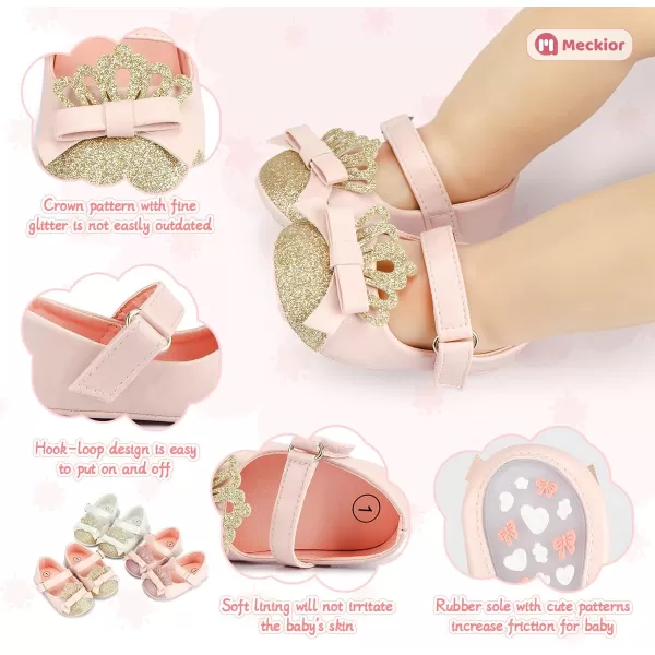 Meckior Infant Baby Girls Soft Sole Bowknot Princess Wedding Dress Mary Jane Flats Prewalker Newborn Light Baby Sneaker ShoesE02Pink Gold