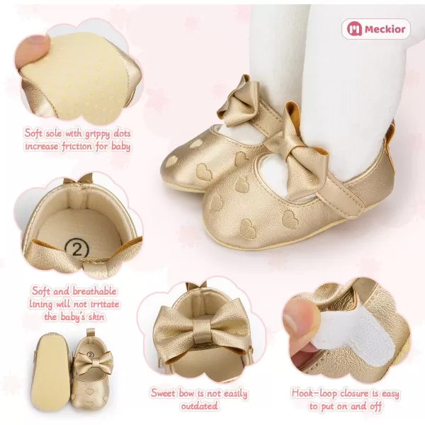 Meckior Infant Baby Girls Soft Sole Bowknot Princess Wedding Dress Mary Jane Flats Prewalker Newborn Light Baby Sneaker ShoesG20Gold