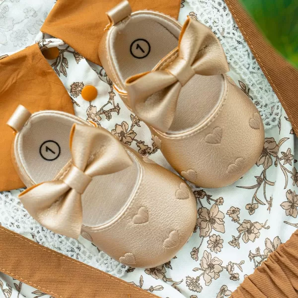 Meckior Infant Baby Girls Soft Sole Bowknot Princess Wedding Dress Mary Jane Flats Prewalker Newborn Light Baby Sneaker ShoesG20Gold