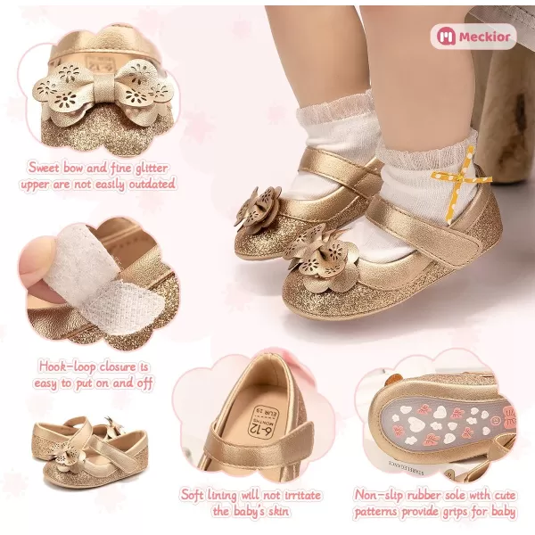 Meckior Infant Baby Girls Soft Sole Bowknot Princess Wedding Dress Mary Jane Flats Prewalker Newborn Light Baby Sneaker ShoesH01Gold
