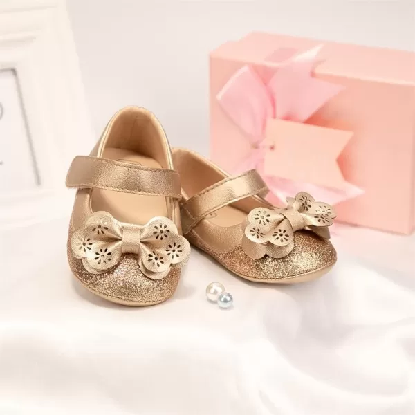 Meckior Infant Baby Girls Soft Sole Bowknot Princess Wedding Dress Mary Jane Flats Prewalker Newborn Light Baby Sneaker ShoesH01Gold