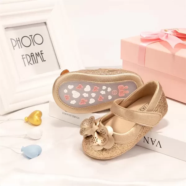 Meckior Infant Baby Girls Soft Sole Bowknot Princess Wedding Dress Mary Jane Flats Prewalker Newborn Light Baby Sneaker ShoesH01Gold