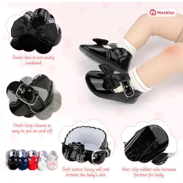 Meckior Infant Baby Girls Soft Sole Bowknot Princess Wedding Dress Mary Jane Flats Prewalker Newborn Light Baby Sneaker ShoesH20Black