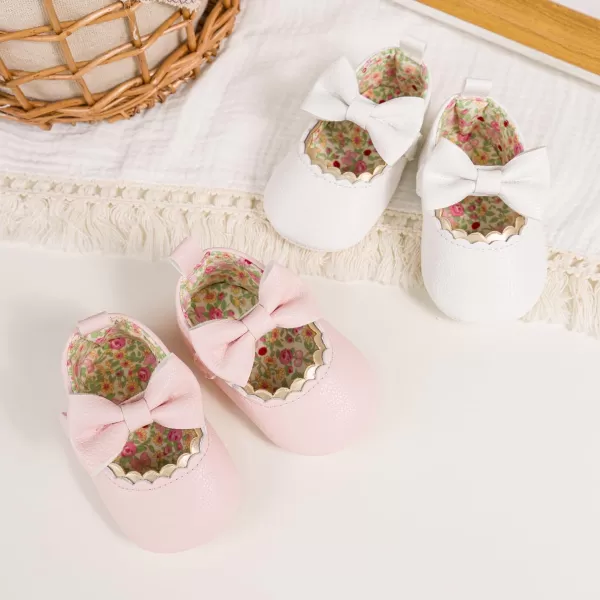 Meckior Newborn Baby Girls Dress Shoes Infant Bowknot Soft Sole Mary Jane Moccasins Baptism Christening Crib Shoes Wedding Princess FlatsAPink