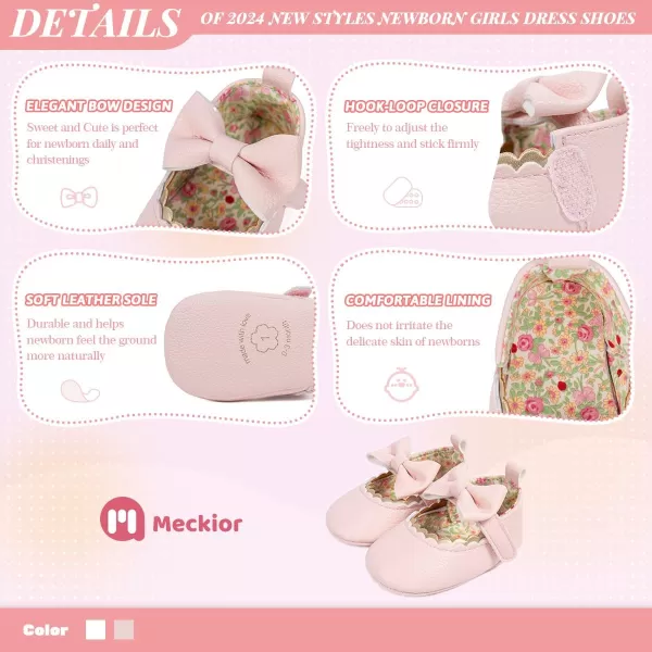 Meckior Newborn Baby Girls Dress Shoes Infant Bowknot Soft Sole Mary Jane Moccasins Baptism Christening Crib Shoes Wedding Princess FlatsAPink