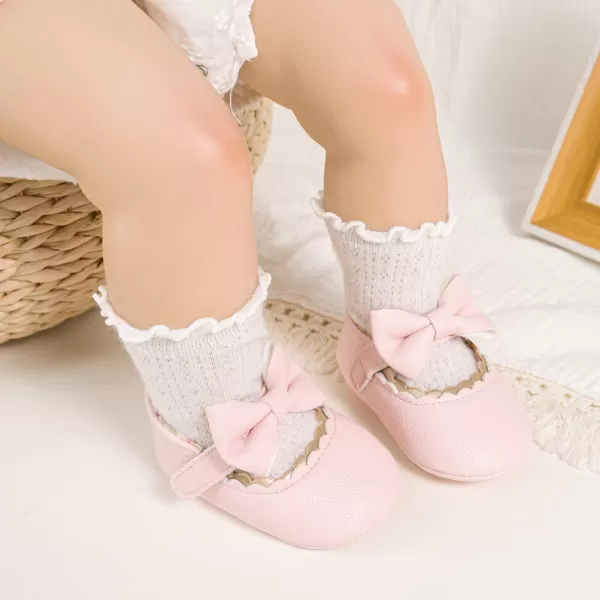 Meckior Newborn Baby Girls Dress Shoes Infant Bowknot Soft Sole Mary Jane Moccasins Baptism Christening Crib Shoes Wedding Princess FlatsAPink