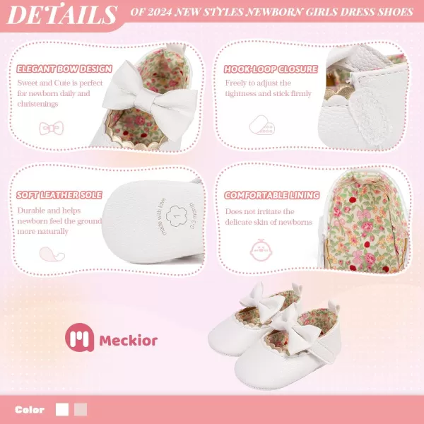 Meckior Newborn Baby Girls Dress Shoes Infant Bowknot Soft Sole Mary Jane Moccasins Baptism Christening Crib Shoes Wedding Princess FlatsAWhite