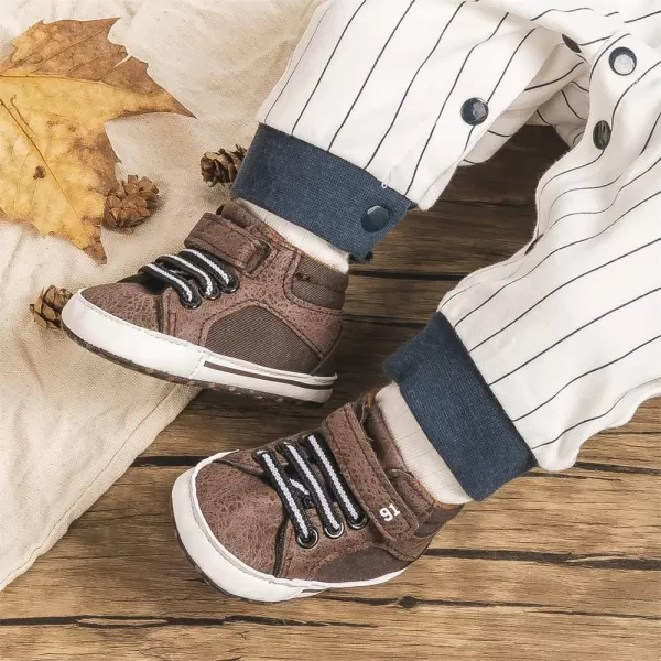 Meckior Toddler Baby Boys Girls High Tops Ankle Sneakers Soft AntiSlip Sole PU Leather Moccasins Infant Newborn Prewalker First Walking Crib ShoesA05Brown