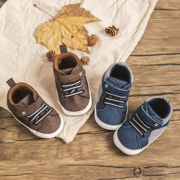 Meckior Toddler Baby Boys Girls High Tops Ankle Sneakers Soft AntiSlip Sole PU Leather Moccasins Infant Newborn Prewalker First Walking Crib ShoesA05Brown