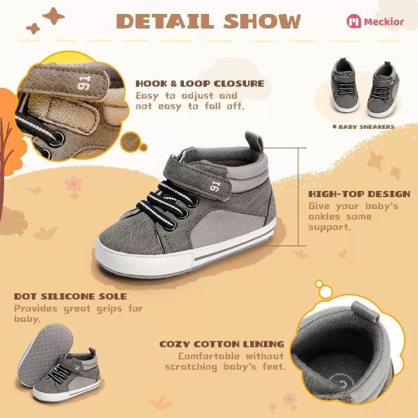 Meckior Toddler Baby Boys Girls High Tops Ankle Sneakers Soft AntiSlip Sole PU Leather Moccasins Infant Newborn Prewalker First Walking Crib ShoesA05Grey