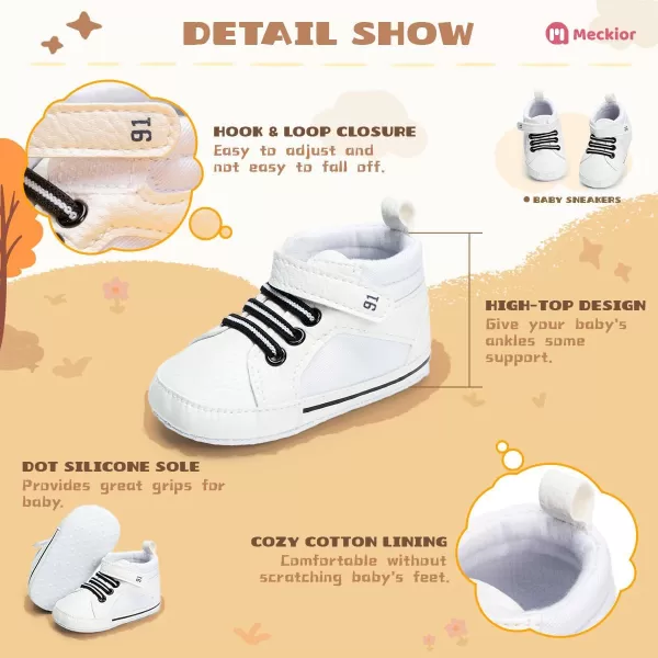 Meckior Toddler Baby Boys Girls High Tops Ankle Sneakers Soft AntiSlip Sole PU Leather Moccasins Infant Newborn Prewalker First Walking Crib ShoesA05White
