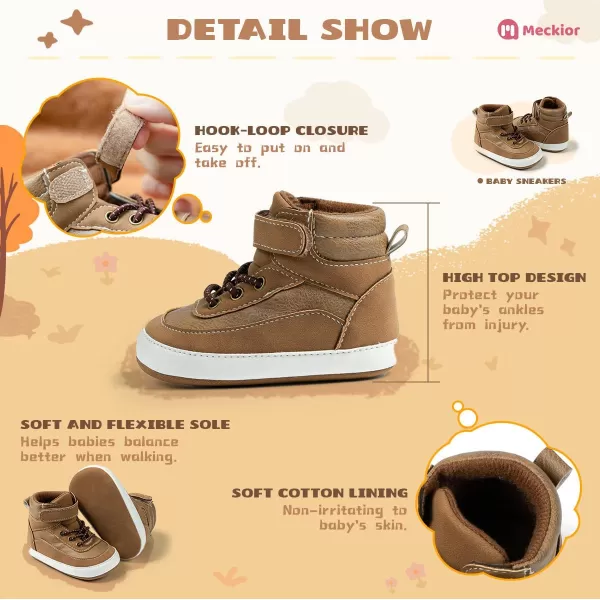 Meckior Toddler Baby Boys Girls High Tops Ankle Sneakers Soft AntiSlip Sole PU Leather Moccasins Infant Newborn Prewalker First Walking Crib ShoesA09Brown