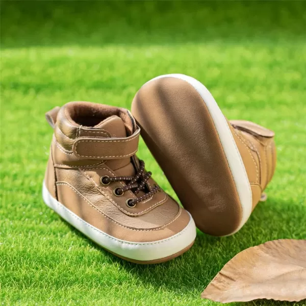Meckior Toddler Baby Boys Girls High Tops Ankle Sneakers Soft AntiSlip Sole PU Leather Moccasins Infant Newborn Prewalker First Walking Crib ShoesA09Brown