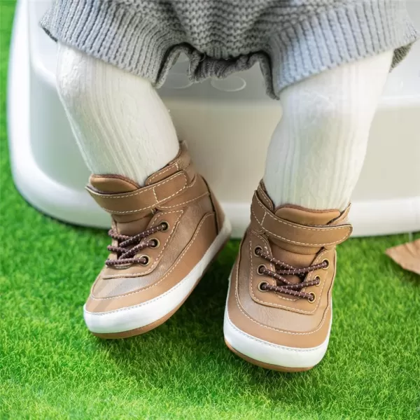 Meckior Toddler Baby Boys Girls High Tops Ankle Sneakers Soft AntiSlip Sole PU Leather Moccasins Infant Newborn Prewalker First Walking Crib ShoesA09Brown