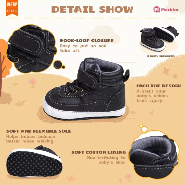 Meckior Toddler Baby Boys Girls High Tops Ankle Sneakers Soft AntiSlip Sole PU Leather Moccasins Infant Newborn Prewalker First Walking Crib ShoesA09Black