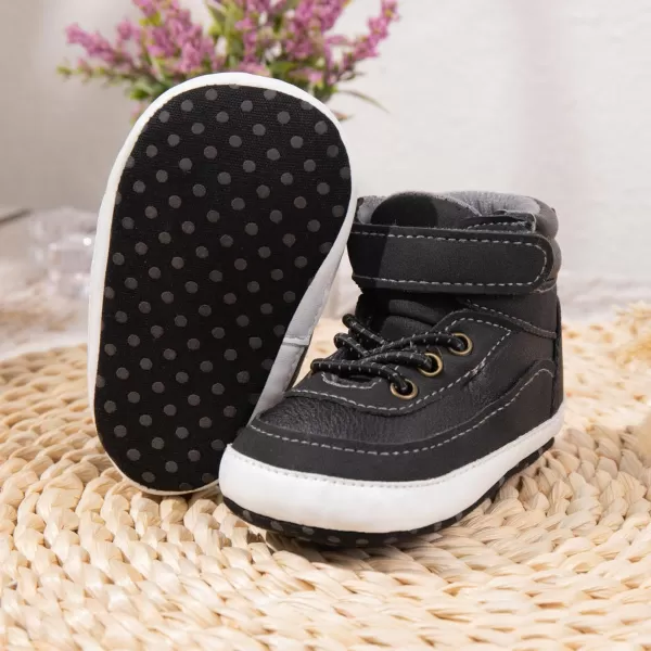 Meckior Toddler Baby Boys Girls High Tops Ankle Sneakers Soft AntiSlip Sole PU Leather Moccasins Infant Newborn Prewalker First Walking Crib ShoesA09Black