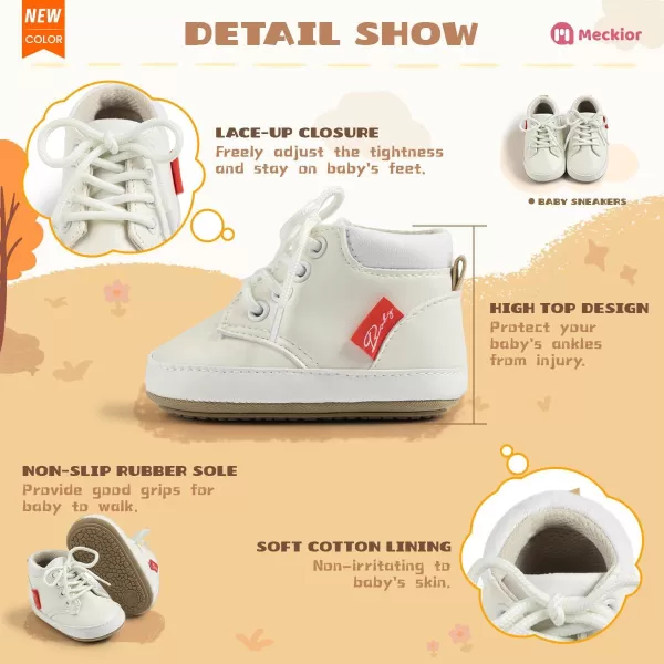 Meckior Toddler Baby Boys Girls High Tops Ankle Sneakers Soft AntiSlip Sole PU Leather Moccasins Infant Newborn Prewalker First Walking Crib ShoesA10White