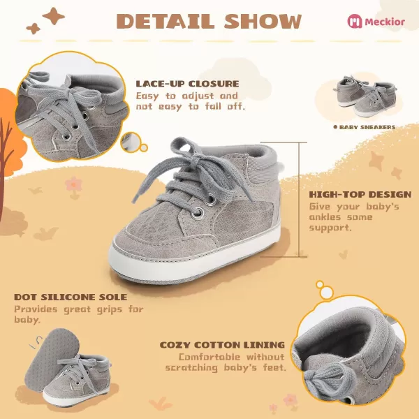 Meckior Toddler Baby Boys Girls High Tops Ankle Sneakers Soft AntiSlip Sole PU Leather Moccasins Infant Newborn Prewalker First Walking Crib ShoesC01Gray