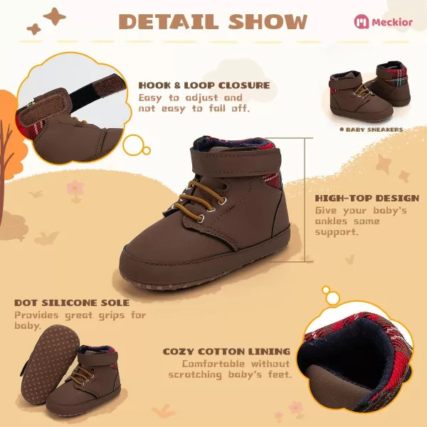 Meckior Toddler Baby Boys Girls High Tops Ankle Sneakers Soft AntiSlip Sole PU Leather Moccasins Infant Newborn Prewalker First Walking Crib ShoesC02Brown