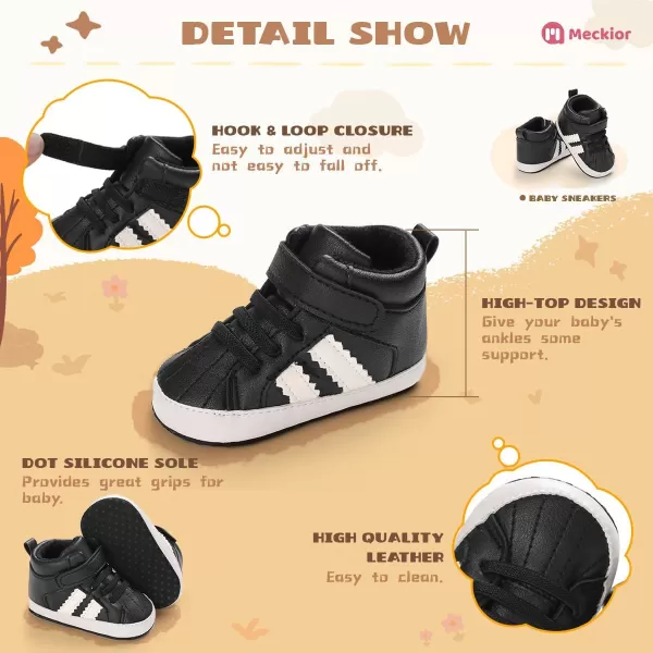 Meckior Toddler Baby Boys Girls High Tops Ankle Sneakers Soft AntiSlip Sole PU Leather Moccasins Infant Newborn Prewalker First Walking Crib ShoesFBlack