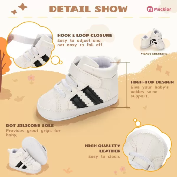 Meckior Toddler Baby Boys Girls High Tops Ankle Sneakers Soft AntiSlip Sole PU Leather Moccasins Infant Newborn Prewalker First Walking Crib ShoesFWhite
