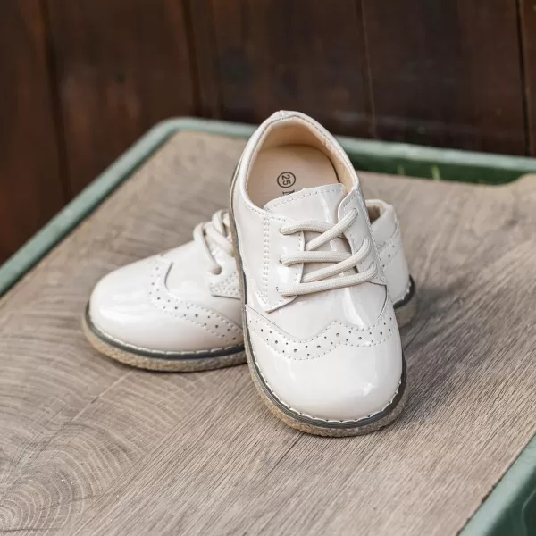 Meckior Toddler Boys Girls Dress Shoes Little Kid Oxford Shoes Wedding Church Dress Shoes PU Leather Lace Up School Uniform Loafer FlatsA10Beigepatent Leather