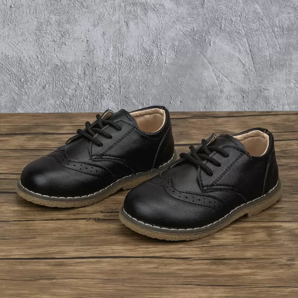 Meckior Toddler Boys Girls Dress Shoes Little Kid Oxford Shoes Wedding Church Dress Shoes PU Leather Lace Up School Uniform Loafer FlatsABlack