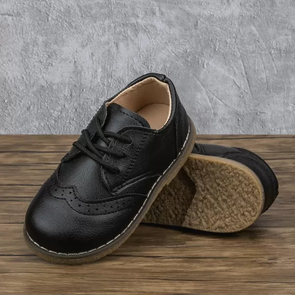Meckior Toddler Boys Girls Dress Shoes Little Kid Oxford Shoes Wedding Church Dress Shoes PU Leather Lace Up School Uniform Loafer FlatsABlack