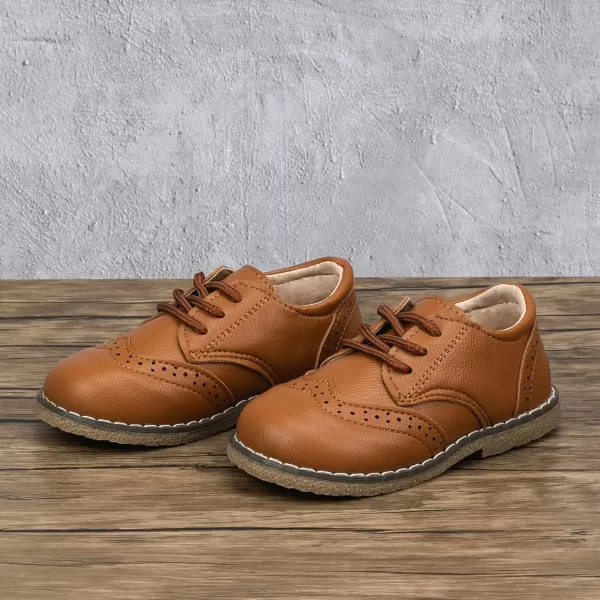 Meckior Toddler Boys Girls Dress Shoes Little Kid Oxford Shoes Wedding Church Dress Shoes PU Leather Lace Up School Uniform Loafer FlatsABrown