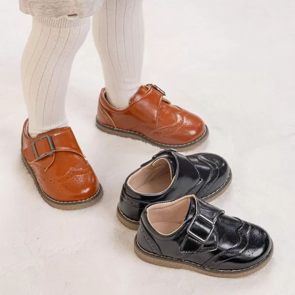 Meckior Toddler Boys Girls Dress Shoes Little Kid Oxford Shoes Wedding Church Dress Shoes PU Leather Lace Up School Uniform Loafer FlatsB10Brown