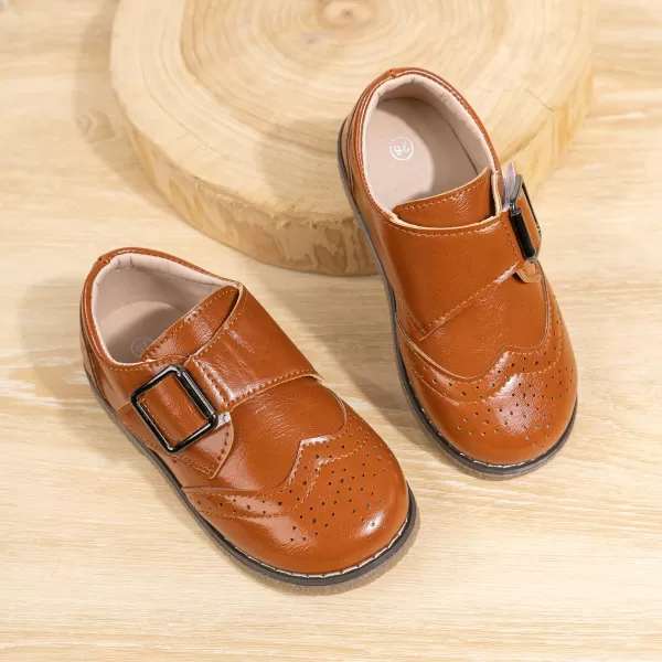 Meckior Toddler Boys Girls Dress Shoes Little Kid Oxford Shoes Wedding Church Dress Shoes PU Leather Lace Up School Uniform Loafer FlatsB10Brown