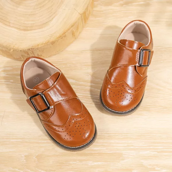 Meckior Toddler Boys Girls Dress Shoes Little Kid Oxford Shoes Wedding Church Dress Shoes PU Leather Lace Up School Uniform Loafer FlatsB10Brown