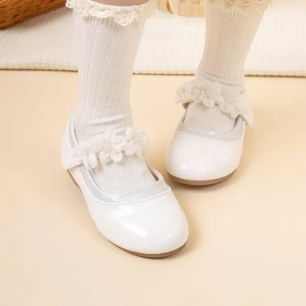 Meckior Toddler Little Girl Mary Jane Dress Shoes Ballet Flats for Girl Party School Shoes Bowknot Princess ShoesB02White With Flowers